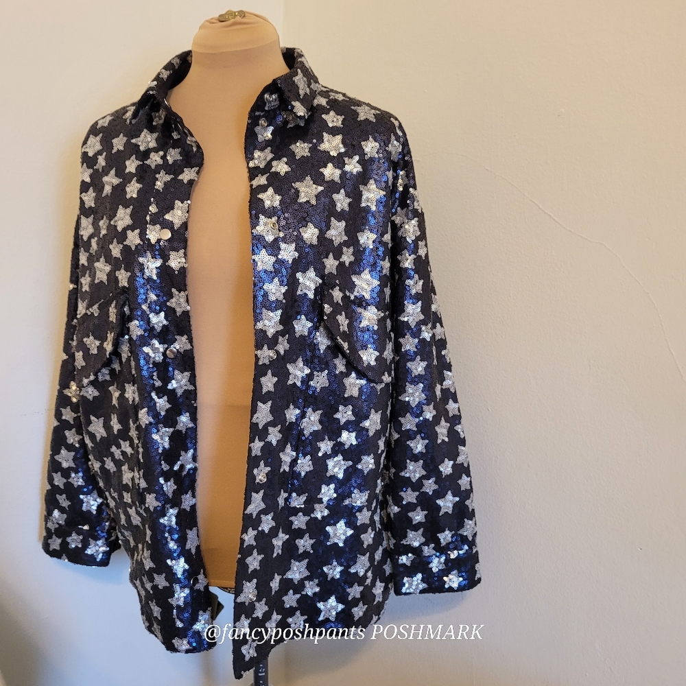 ZARA sequined star BLOGGER FAV! lined snap shirt jacket  2 large patch pockets - Picture 16 of 17